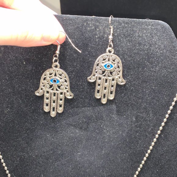 28" Ball Chain Necklace with Hamsa Pendant and Matching earrings, set - Picture 5 of 10